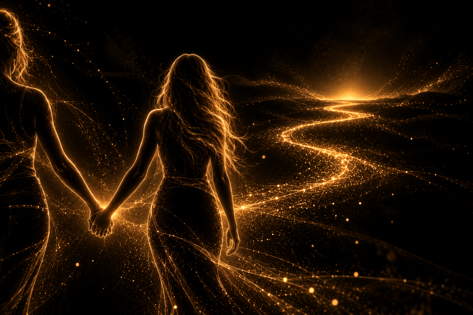 Two women walking hand in hand toward a glowing golden path across a dark landscape